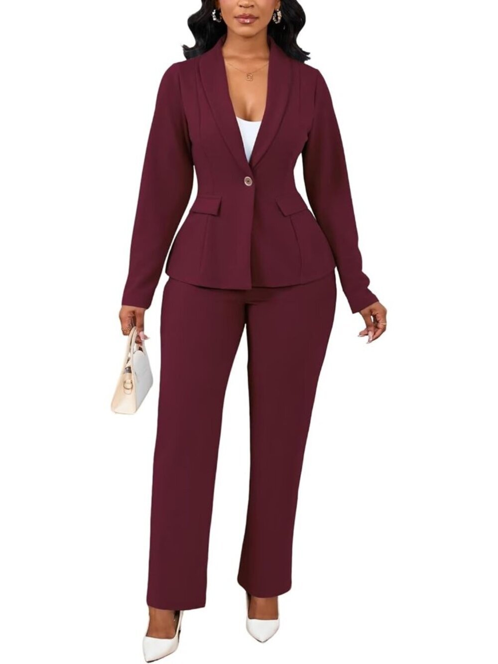 Women's Red 2 Piece Pant Suits Dressy Blazer Straight Leg Set Formal Outfits
